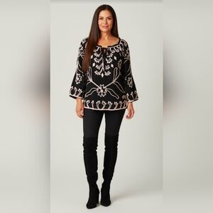 Lauren Michelle Black Top with Pink Embroidery PtP 17 EUC